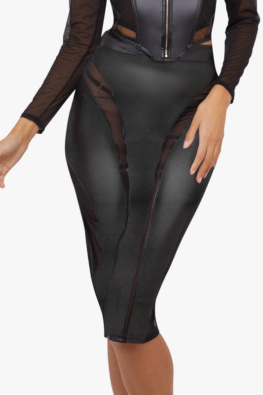 Maeve Black Vegan Leather Mesh Insert Pencil Skirt