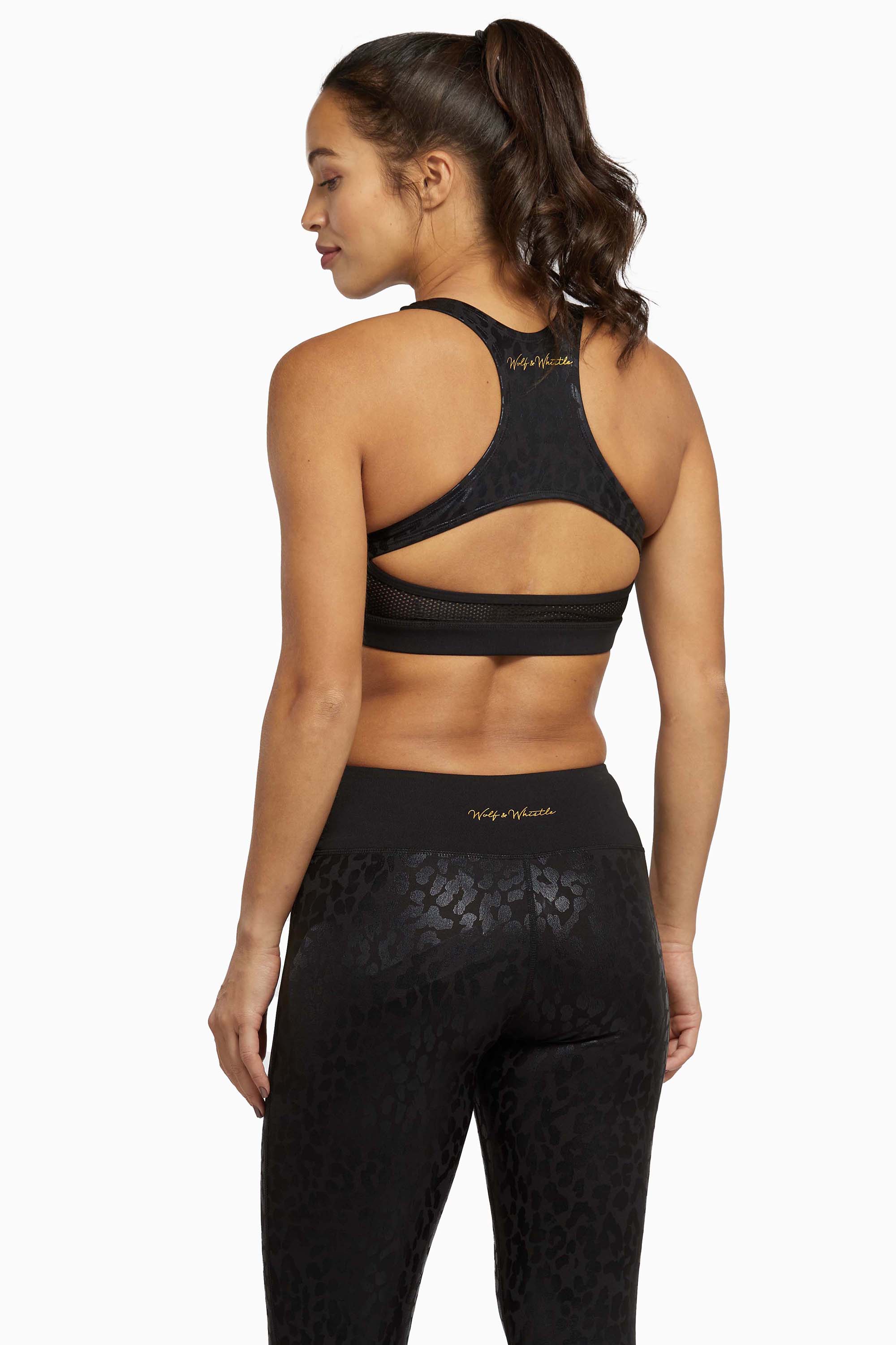 Black Wet Leopard Look Sports Bra