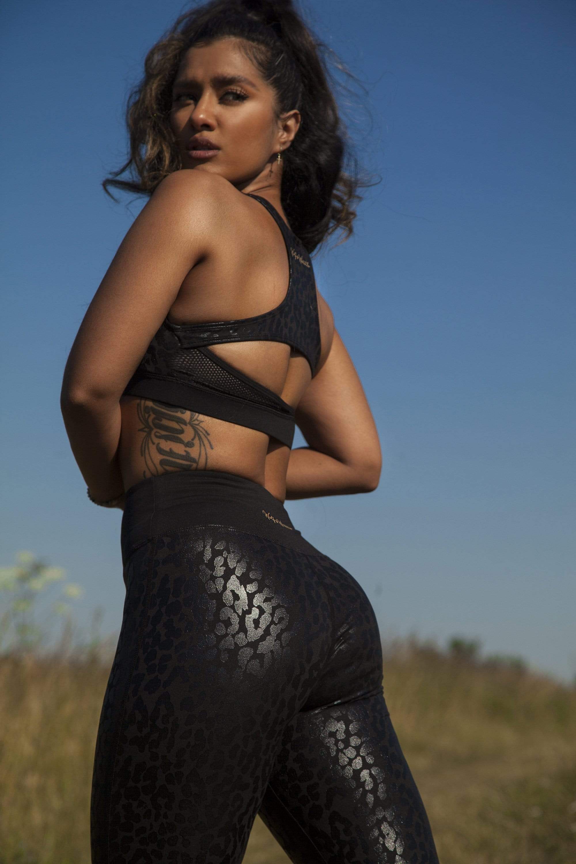 Wet look leopard print sports bra