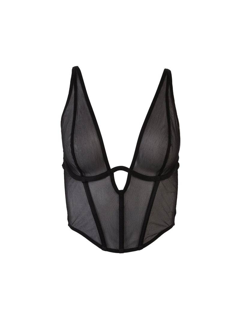 Black sheer mesh basque with deep plunge neckline and structured boning