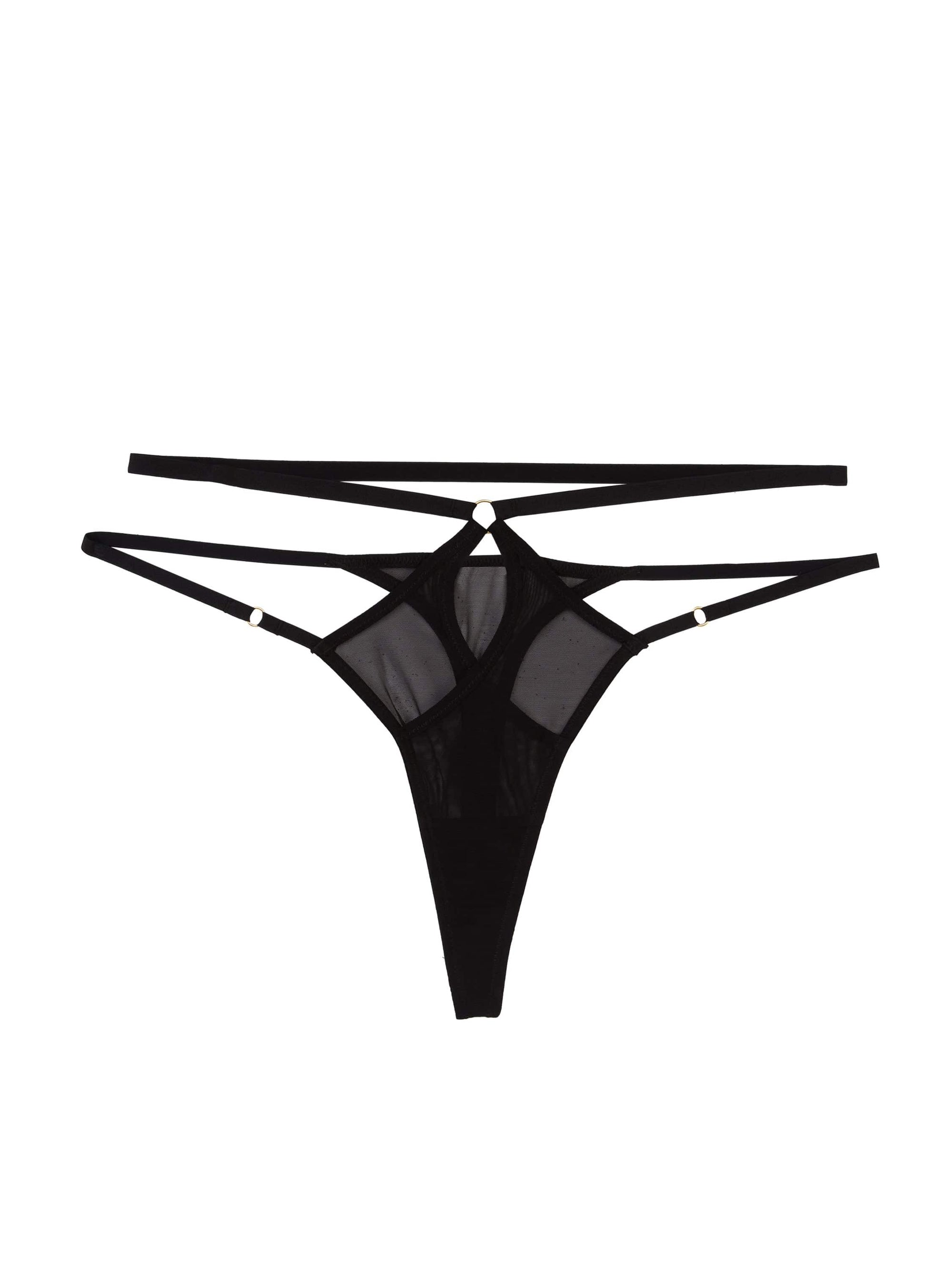 Black mesh thong with adjustable double straps and gold ring accents