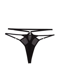 Black mesh thong with adjustable double straps and gold ring accents