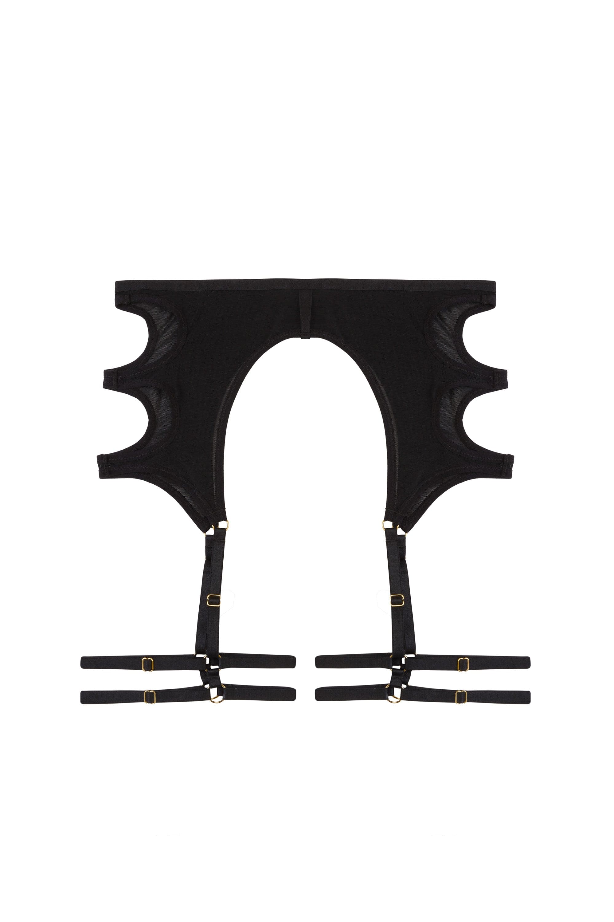 black mesh suspender belt with cut-out sides and adjustable gold hardware straps