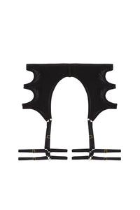 black mesh suspender belt with cut-out sides and adjustable gold hardware straps