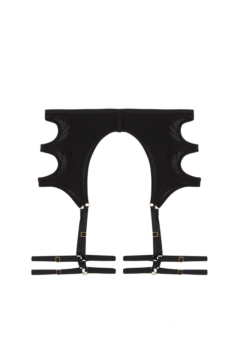 black mesh suspender belt with cut-out sides and adjustable gold hardware straps