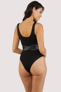 Black bodysuit with zip belt