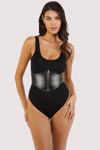 Black bodysuit with zip belt