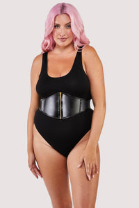 Black bodysuit with zip belt