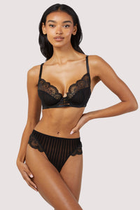 Saretta Black Stripe Mesh and Lace Plunge Bra