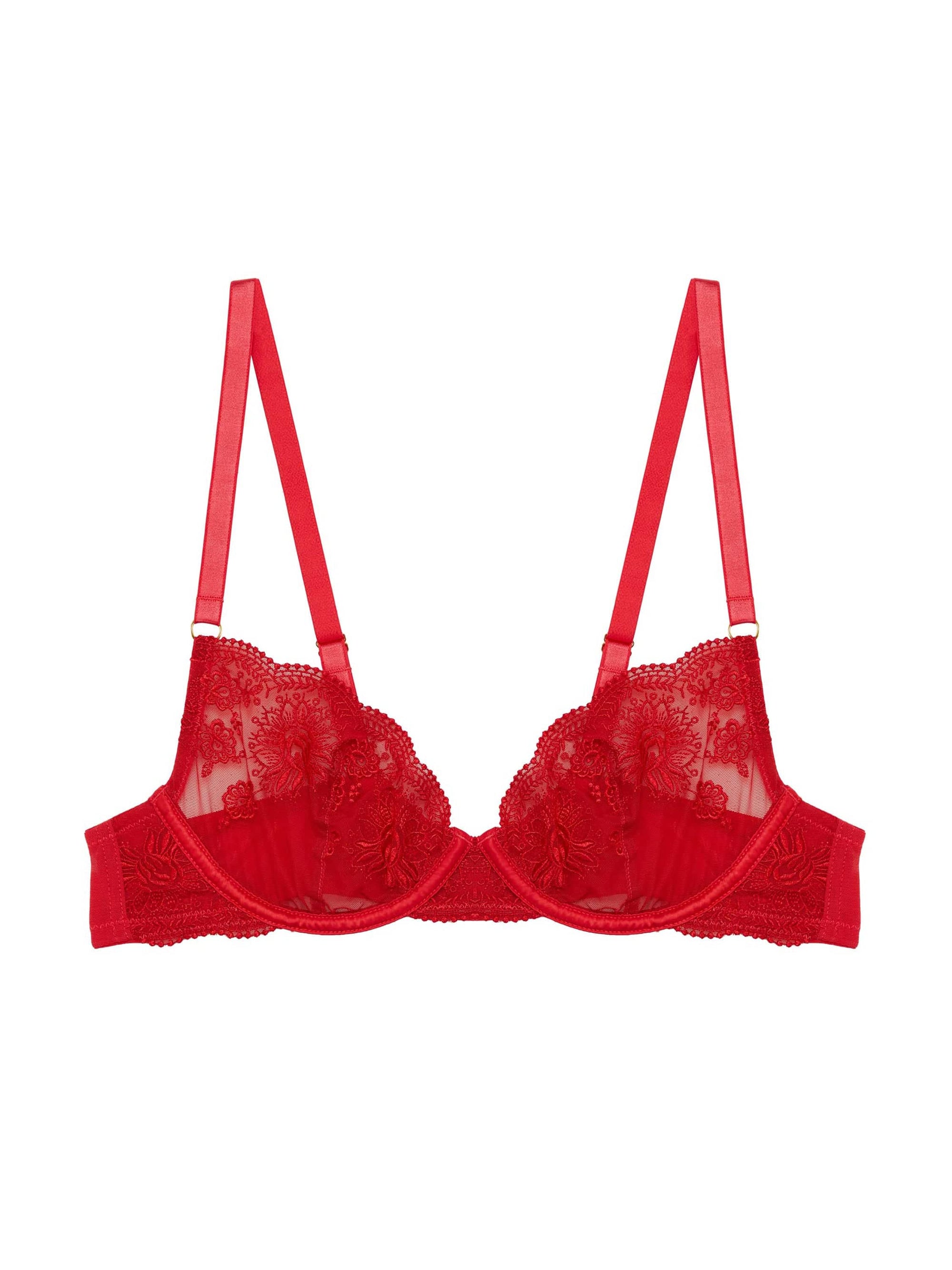 Red lace underwired bra with floral embroidery and adjustable straps