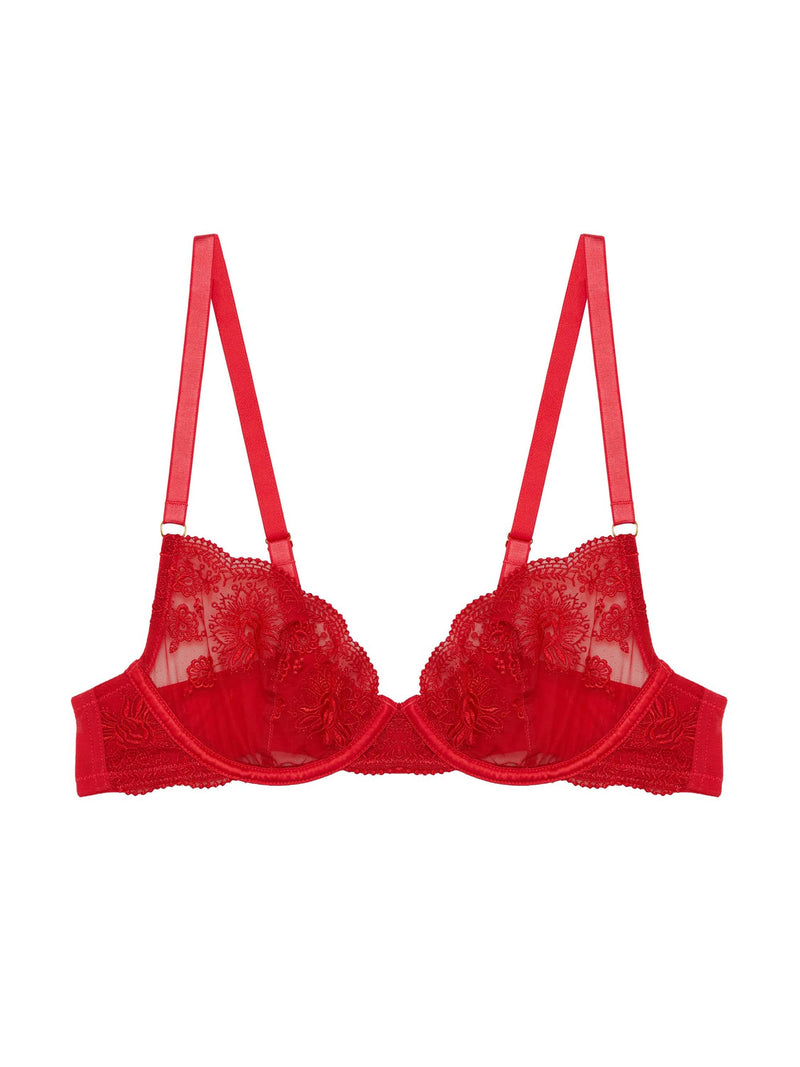 Red lace underwired bra with floral embroidery and adjustable straps