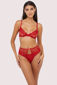 Model wears red lace plunge bra and high waist brief