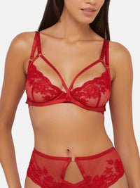 Model wears red lace plunge bra and high waist brief