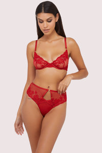 Sarina Red Embroidery High Waist Suspender Brief