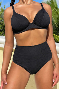 Black Textured High Waisted Bikini Bottom