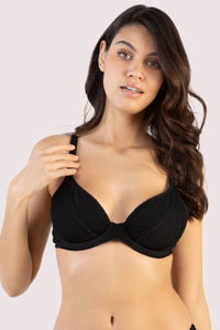 Black Textured Wired Plunge Bikini Top