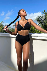 Black Textured Wired Plunge Bikini Top