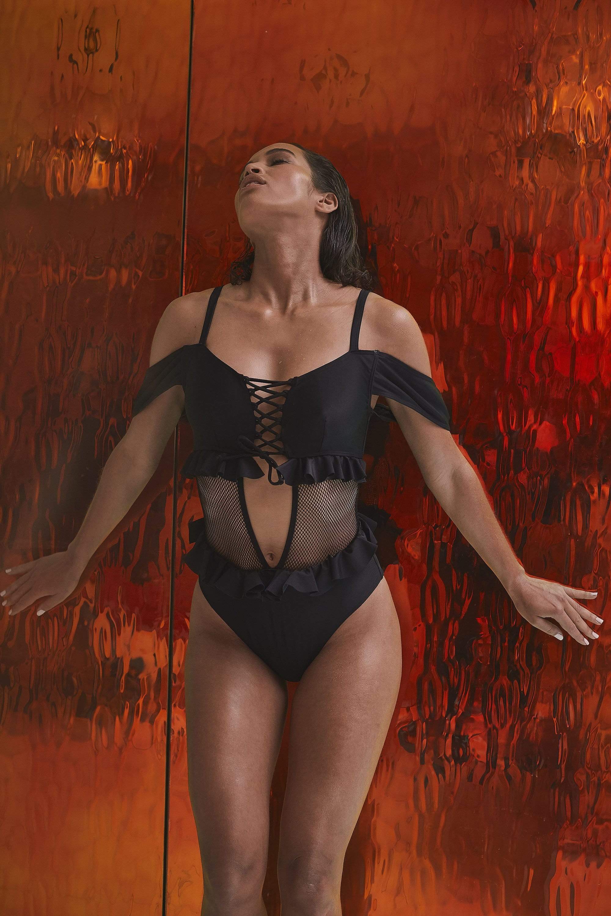 Black Lace Up Swimsuit