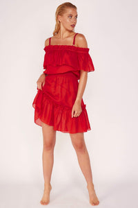 bardot beach dress, bardot cover up, red bardot beach dress, red bardot cover up, red sheer bardot dress, red sheet bardot mini dress, womens cover up